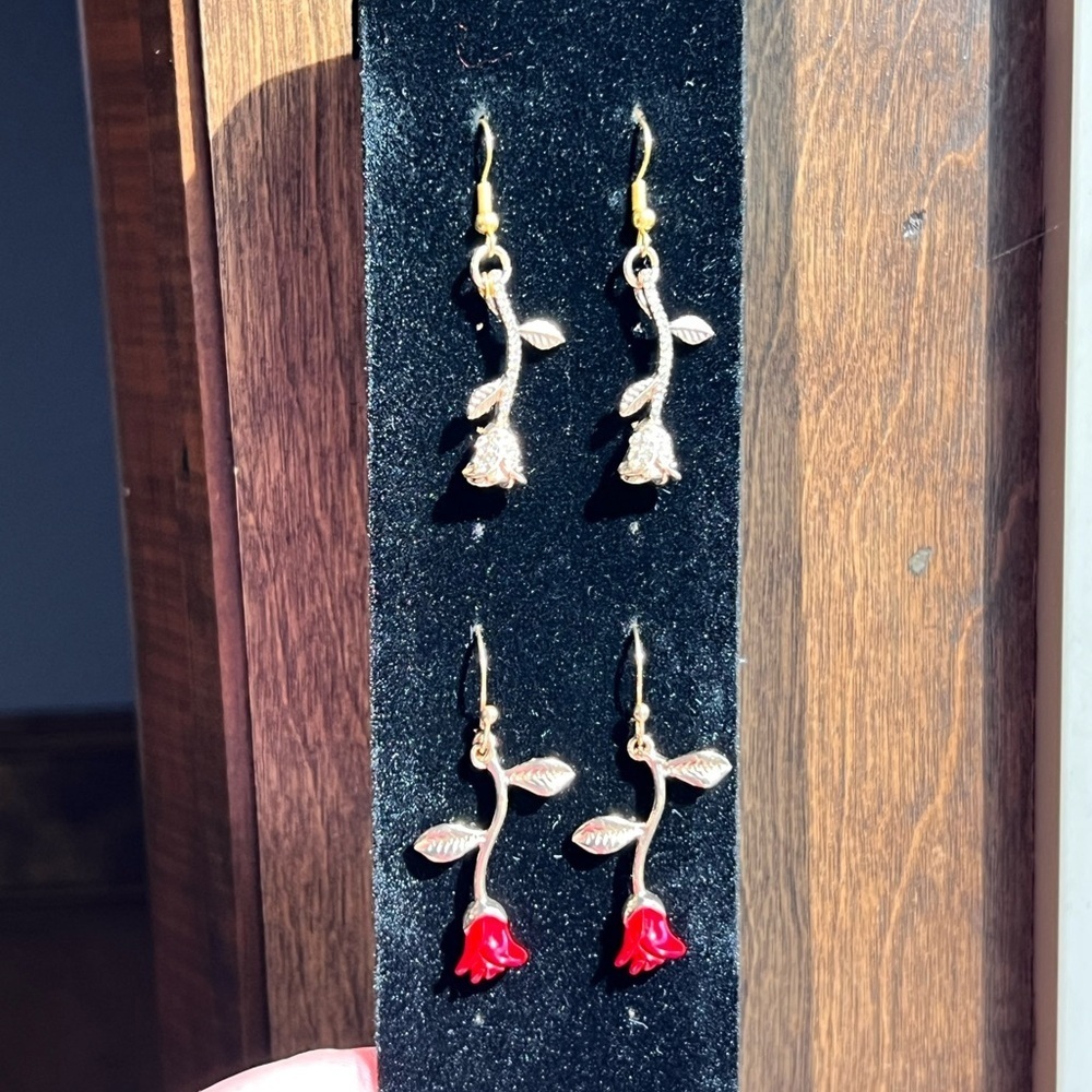 Gold and Red Rose Dangle Earrings - Picture 4 of 5